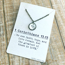 Load image into Gallery viewer, Love Vintage Dictionary Charm Necklace on 1 Corinthians 13:13 Message Card