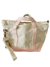 Load image into Gallery viewer, Crossbody Ivory Tote w/ Pink Accent handles and Coquette style Initial Bag Tag with charm